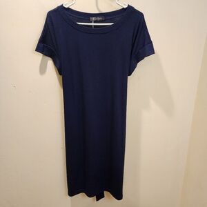 MEROKEETY Navy Blue Casual Knee Length Dress With Pockets Size L NWT
